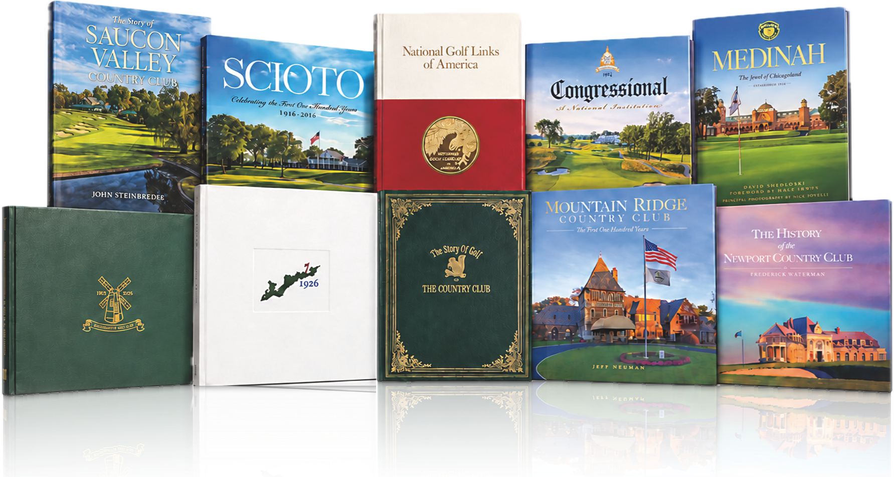 Commemorative books by Legendary for Saucon Valley, Scioto, National Golf Links of America, Congressional, Medinah, Southampton, Fishers Island, The Country Club, Mountain Ridge and Newport