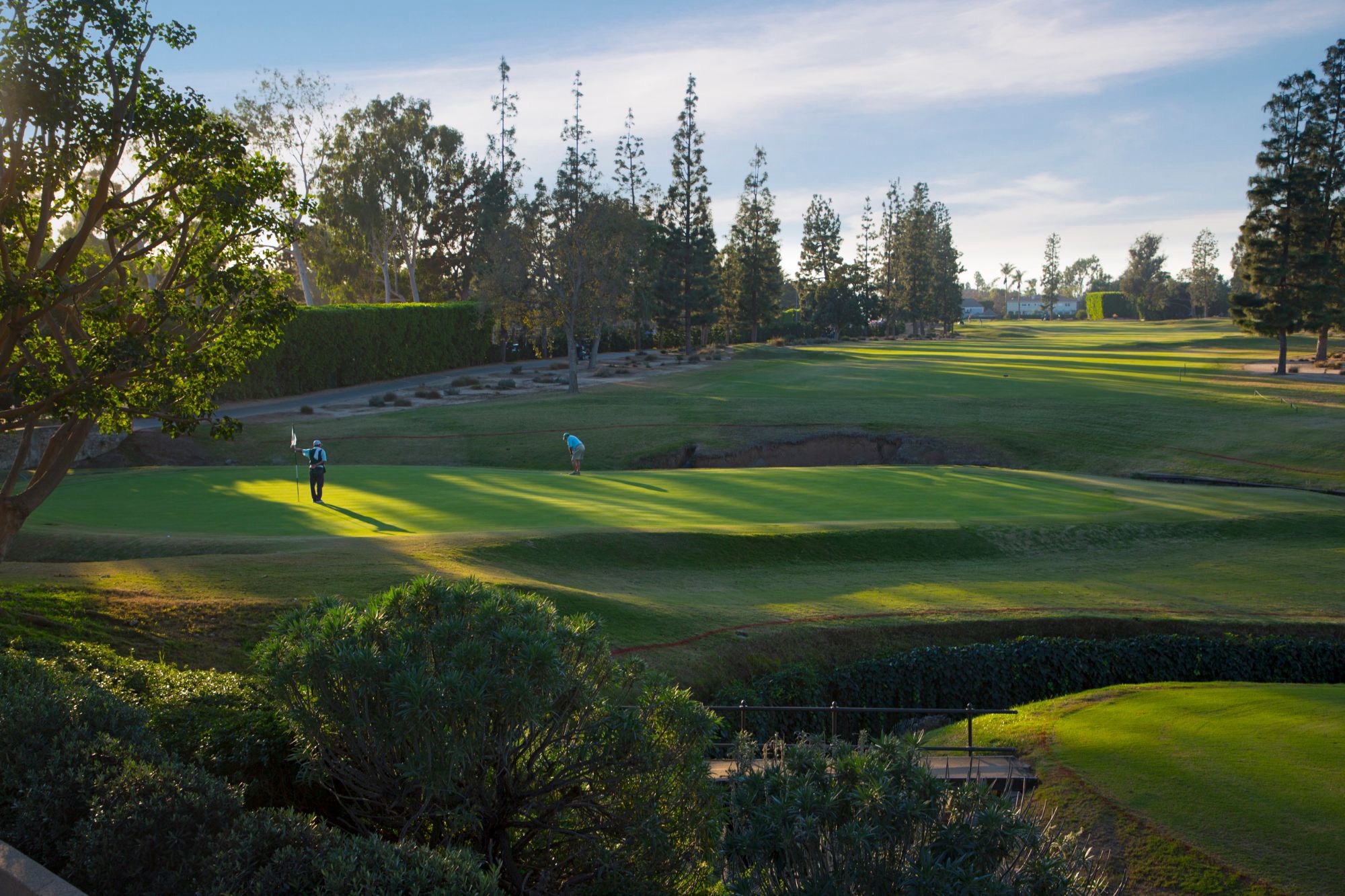 Golfers on a green in late-afternoon light